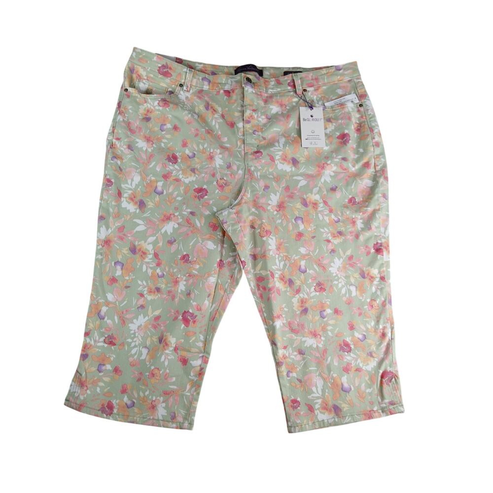 Gloria Vanderbilt Amanda Capri Shorts Womens 24W Green Capri Stretch Floral NWT